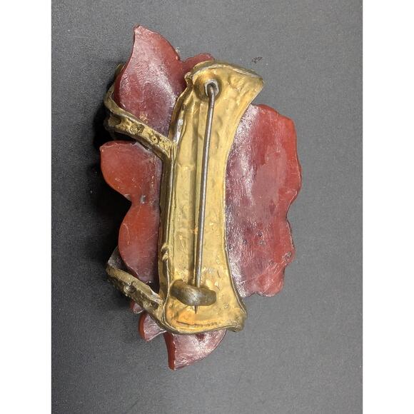 Antique Gold Tone Red Carved Celluloid Flower Brooch Pin - Picture 2 of 11
